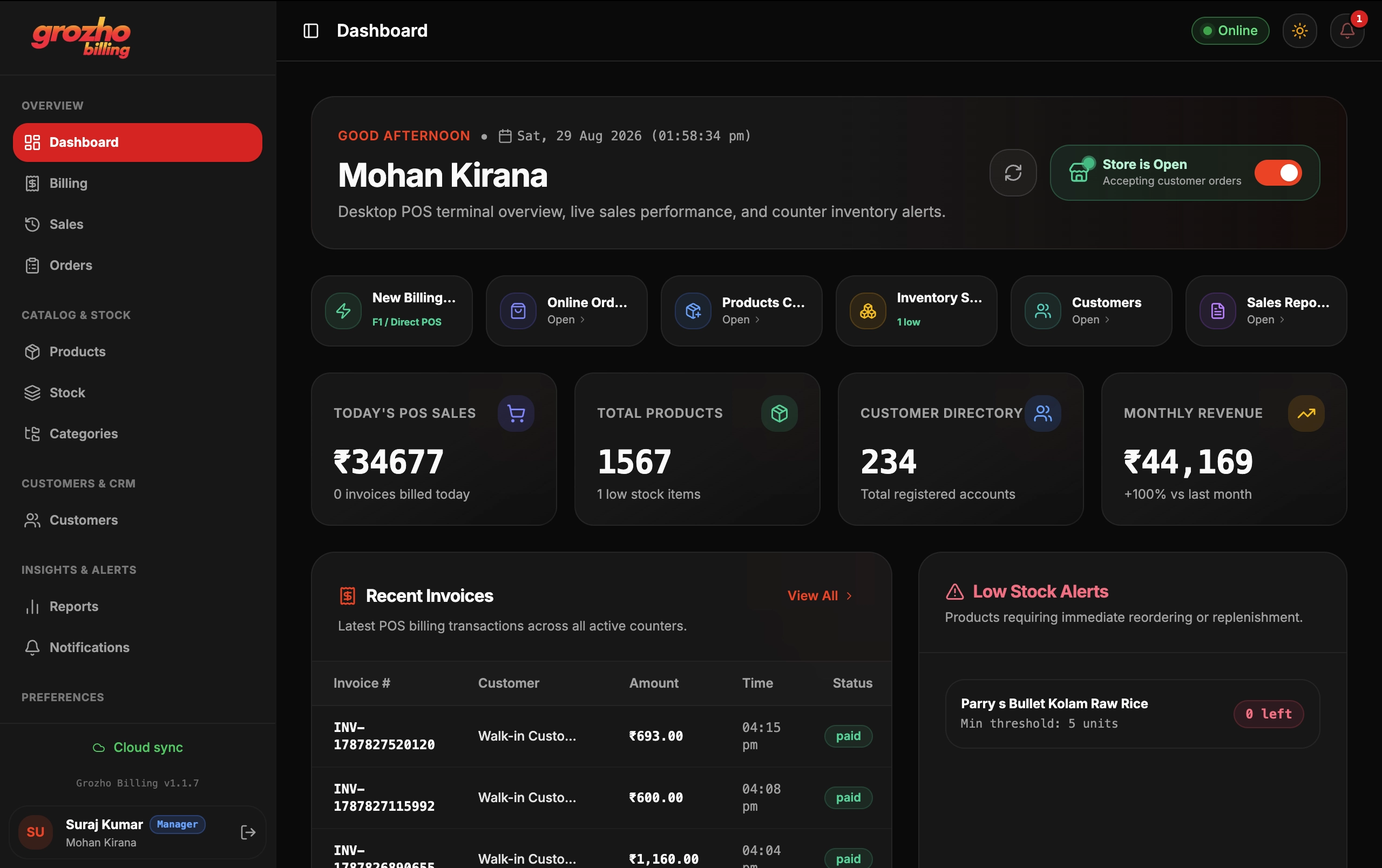 Grozho POS Billing 3D interface dark mode